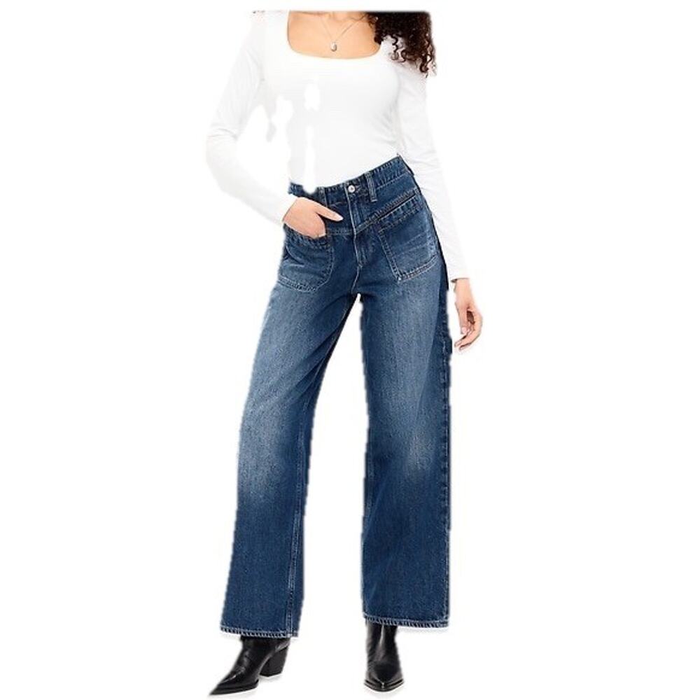 Old Navy Women High Rise Baggy Wide Leg Drapey Jeans Sz 8 P 31”x 28” Dark Wash